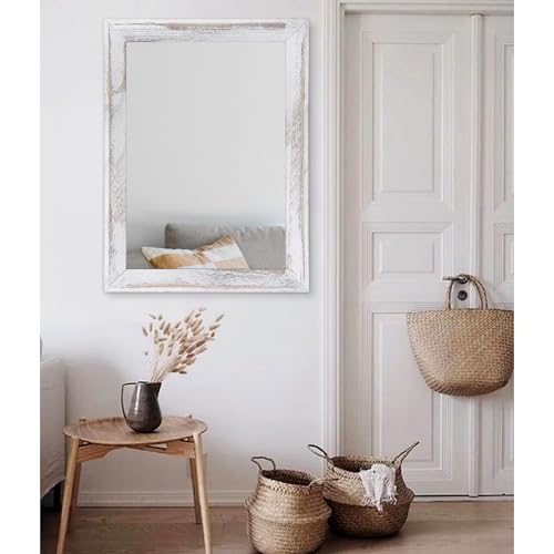 Mirrors for Wall Rustic Wood Framed Hanging Mirror 28"x20" Decorative for Farmhouse Bedroom Bathroom Living Room Entryway Hallway White