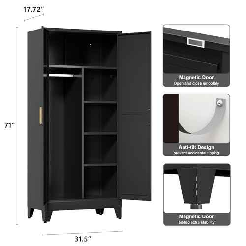 71'' Farmhouse Metal Wardrobe Cabinet with Hanging Rod