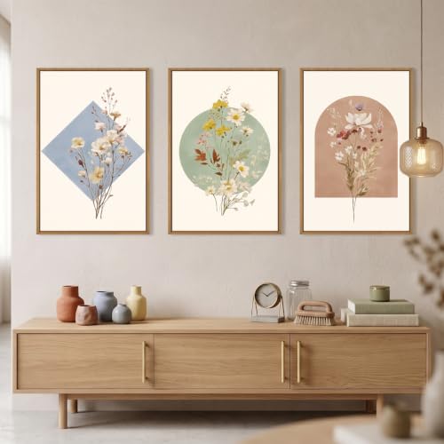 Boho Neutral Wildflower Framed Canvas Wall Art Set