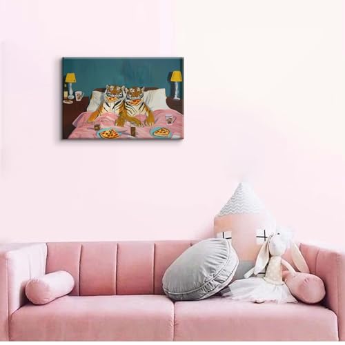 Funny Tiger Eating Pizza in Bed Wall Art Vintage Fun Tigers Couple Canvas Wall Decor Maximalist Blue Pink Jungle Animal Paintings Eclectic Whimsical Bedroom Picture Print