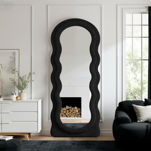 Full Length Mirror 71"x30" Irregular Wavy Full Body Wall Mounted Floor Mirror with Stand Black Flannel Frame Leaning Hanging Wall for Bedroom Entrance Hallway