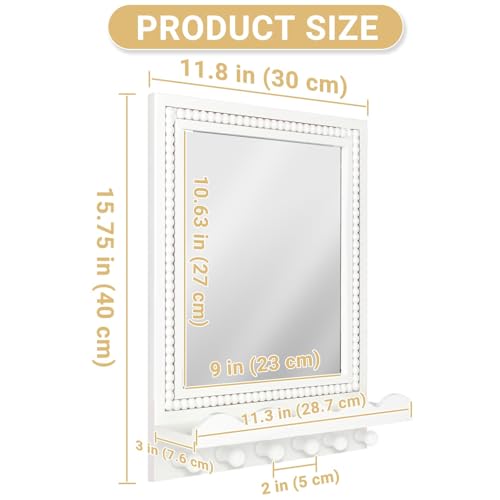 16x12 Inch Wall Mount Beaded Wood Framed Mirror with Shelf and 6 Hooks