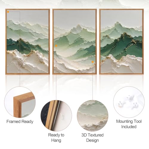 3D Textured Green Mountain Landscape Framed Wall Art 24x36 Inch