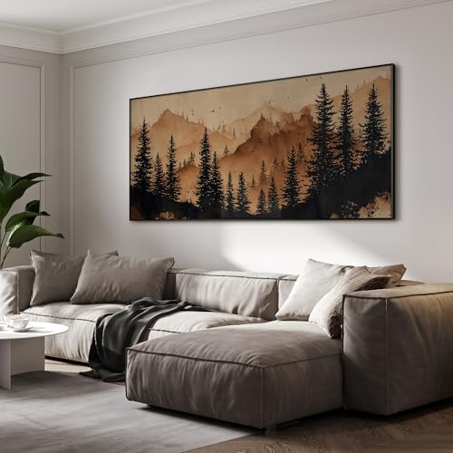 36"x72" Extra Large Framed Wall Art Rustic Mountain Pine Forest Silhouette in Warm Earth Tones for Home Living Room Bedroom Decor