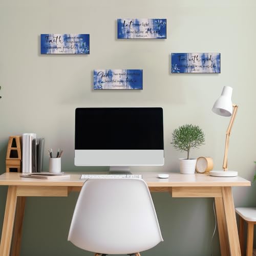 4 Pieces Blue Bathroom Decor Bible Verses Wooden Wall Decor Abstract Office Christian Religious Art for Women Office Home Bedroom Living Room Decoration (4 Count)