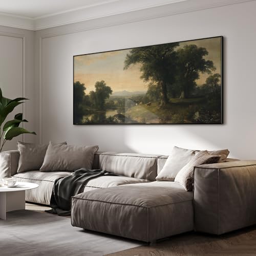 36"x72" Extra Large Framed Wall Art Classic River Valley Landscape Vintage Style Countryside with Trees and Cows Illustration for Home Living Room Bedroom Decor