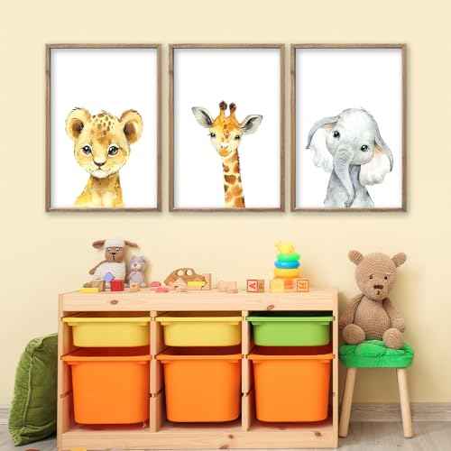 Baby Safari Nursery Wall Art Decor 11x16 Inch Set of 3 Wood Framed