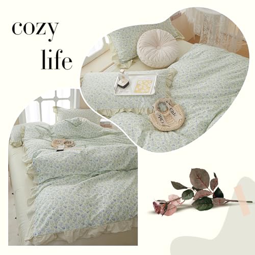 Vintage Garden Floral Ruffled Comforter Set King Fluffy Soft Microfiber Chic Blue Floral Bedding Set Cottagecore Flowers Pattern Botanical Comforter Set with 2 Pillowcases for All