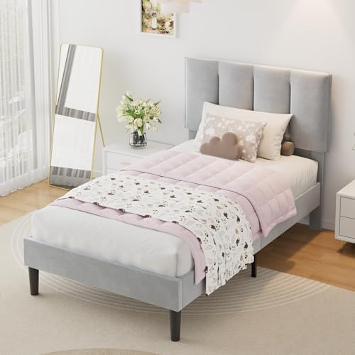 Twin Size Bed Frame with Upholstered Headboard