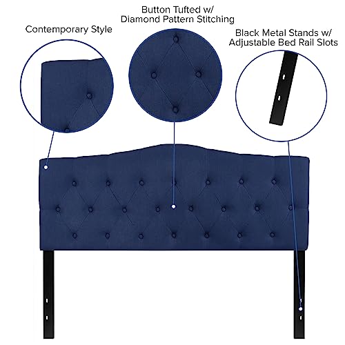 Cambridge Button Tufted and Diamond Stitched Upholstered Queen Size Headboard in Navy Fabric