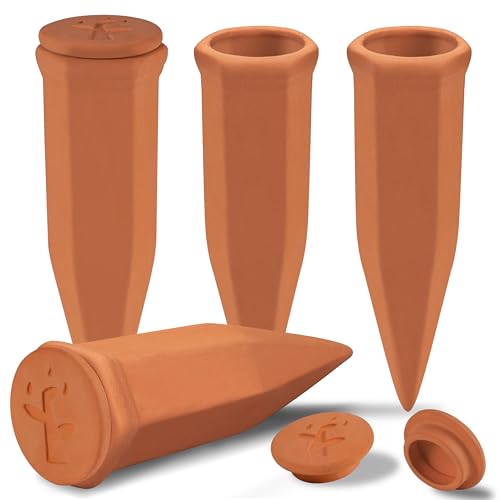 Large Terracotta Watering Spikes with Lids (4 Count)