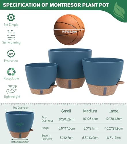 12/10/8 Inch Self Watering Pots for Indoor Plants Plastic Large Plant Pots for Outdoor Plants, Water Level Window & Spacious Reservoir Flower Pots Decorative Planter with Drainage and Tray (3 Count)