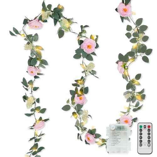 60LED Garland with Pink Camellia Lights Battery Operated Clear Wire