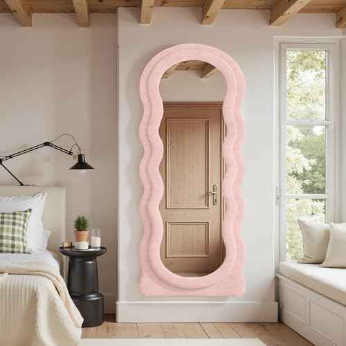 Full Length Mirror 71"x30" Irregular Wavy Full Body Wall Mounted Floor Mirror with Stand Pink Flannel Frame Leaning Hanging Wall for Bedroom Entrance Hallway