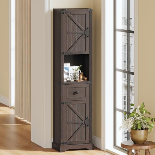 66" Tall Farmhouse Bathroom Storage Cabinet with Barn Door