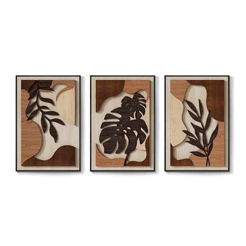 Large Framed Wood 3D Boho Tropical Wall Decor for Living Room (3 Count)