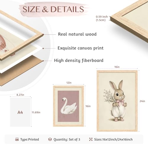 Wood Framed Pink Cute Bunny Nursery Wall Art Set of 3 (3 Count)