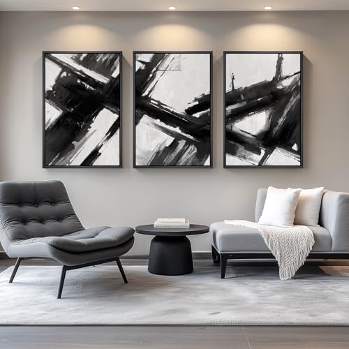 Large Framed Black and White Abstract Canvas Wall Art for Living Room (3 Count)