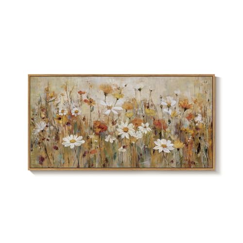 Large Framed Vintage Neutral Floral Wall Art for Living Room