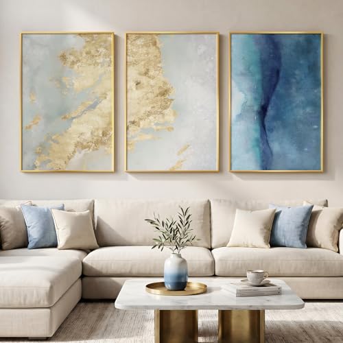 Large Framed Blue Gold Abstract Wall Art for Living Room (3 Count)