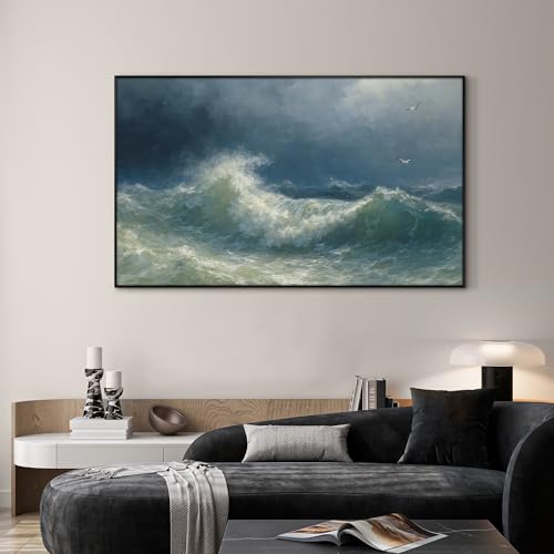 30"x60" Extra Large Framed Wall Art Dramatic Ocean Waves with Stormy Sky and Seagulls for Home Living Room Bedroom Decor