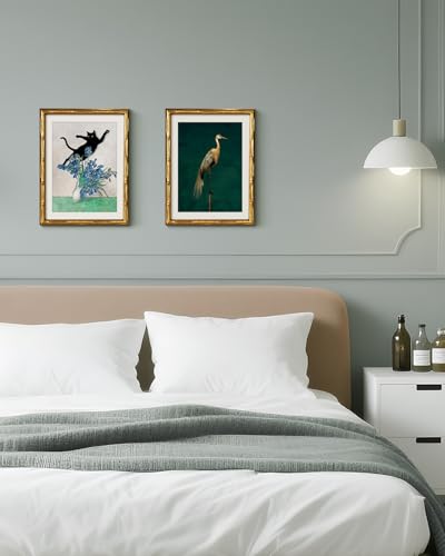 Gold Bamboo Framed Wall Art Vintage Animal Crane Prints