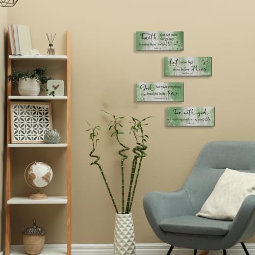 4 Pieces Green Bathroom Decor Bible Verses Wall Art Wooden Abstract Office Christian Wall Sign Religious Art for Women Office Home Bedroom Living Room (4 Count)