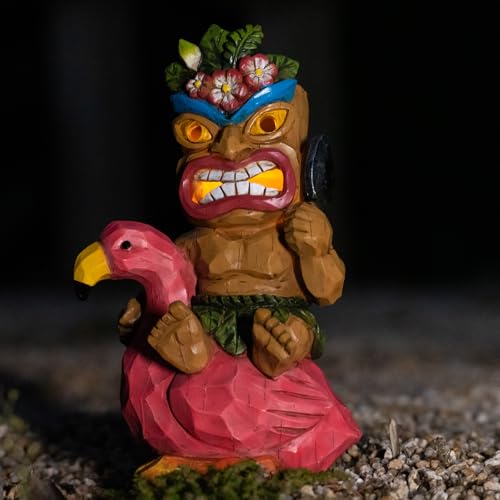 Solar Tiki Garden Statue Outdoor Decor with Flamingo Waterproof for Tiki Bar
