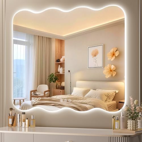 36"x36" Wavy Mirror with Lights Frameless Backlit LED Wall Mirror