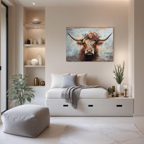 Canvas Wall Art Decor Modern Wall Art Picutures for Living Room Artwork for Wall Decor Vintage Wall Art Decor Highland Cow Wall Art Prints Artwork for Walls Home Bedroom Office Decorations 32" X 48"