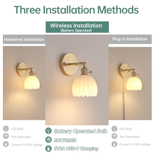 Vintage Battery Operated Wall Sconce with White Tulip Glass Lampshade Rechargeable Battery Powered Wall Light with Remote Control for Bedside Bedroom Doorway (2 Count)