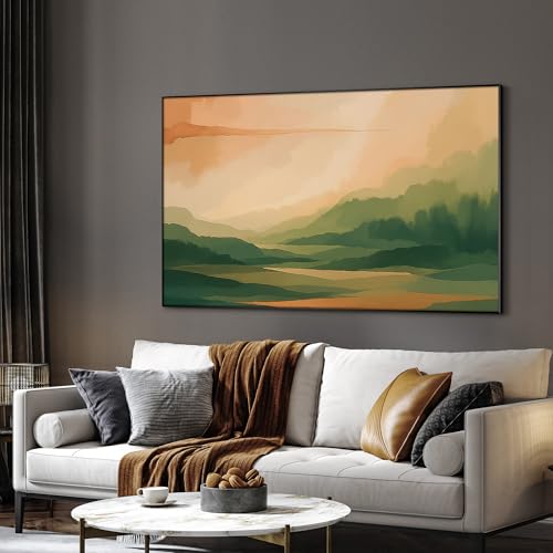 36"x60" Extra Large Framed Wall Art Serene Green Mountains Horizon Landscape Illustration for Home Living Room Bedroom Decor