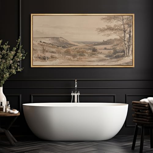 Extra Large Framed Canvas Print Wall Art Vintage Neutral Tone Countryside Landscape Retro Fine Art Illustrations Decorative Colorful for Bedroom