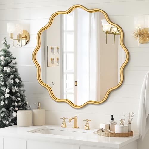 Gold Round Mirror 30 Inch Wavy Bathroom Vanity Mirror Gold Frame Modern Wall Mirror Decorative Wall