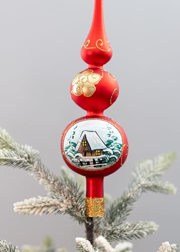 Tree Topper Mouth Blown Christmas Tree Topper Finial Red Glass Tree Topper Hand Decorated Made in Poland