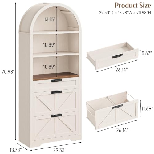 71" Tall Arched Bookcase with File Cabinet Drawers