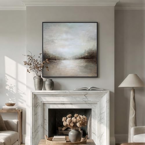 Framed Neutral Abstract Lake Landscape Canvas Wall Art Decor