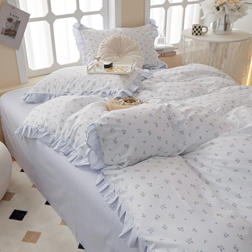 Reversible Ruffle Comforter Set Full Size Vintage Botanical Floral Bedding Comforter with 2 Pillowcases Boho Blue Floral Comforter Girls Flowers Coquette Bedding Set Fluffy Farmhouse Bed Comforter Set