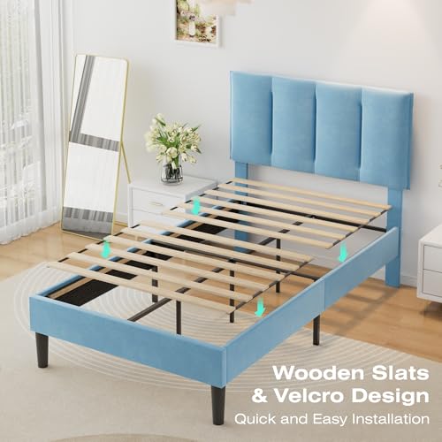 Twin Size Bed Frame with Upholstered Headboard