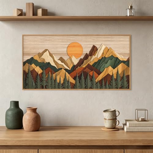 Boho Woodcut Style Mountain Framed Canvas Wall Art Set