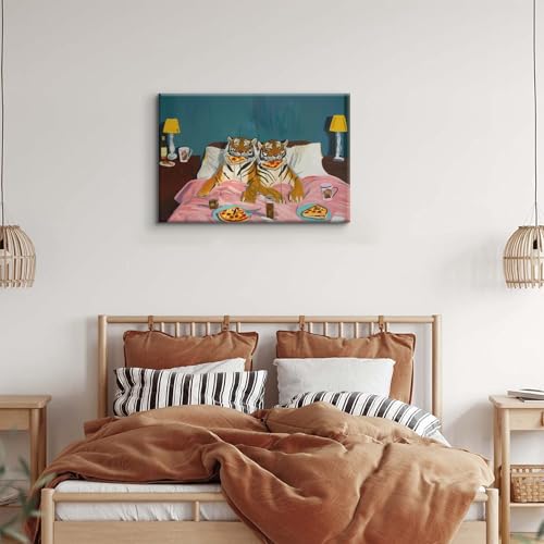 Funny Tiger Eating Pizza in Bed Wall Art Vintage Fun Tigers Couple Canvas Wall Decor Maximalist Blue Pink Jungle Animal Paintings Eclectic Whimsical Bedroom Picture Print