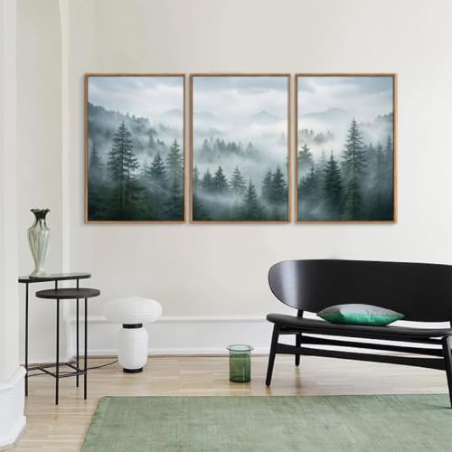 Large Misty Forest Framed Canvas Wall Art Set