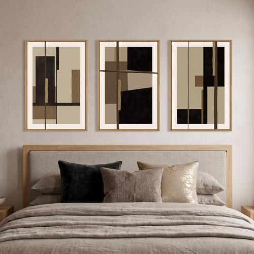 Abstract Black Brown Shapes Framed Canvas Wall Art Set