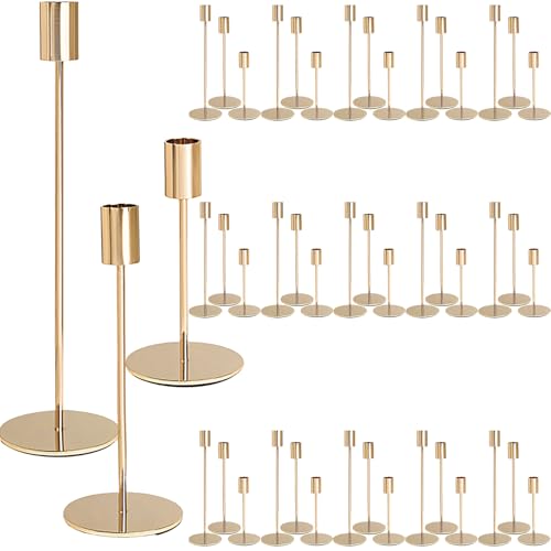 Gold Candlestick Holders Bulk for Taper Candles Decorative Metal Candelabra Candle Holders Fit 0.8 Inch Diameter Candles Gold Taper Candle Stands for Wedding Home Party Table Decor (27 Count)