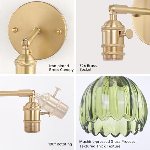Vintage Battery Operated Wall Sconce with Green Tulip Glass Lampshade 5000 mAh Rechargeable Battery Powered Wall Light with Remote Control for Bedside Bedroom Doorway (2 Count)