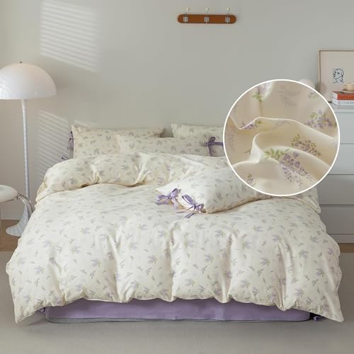 Lilac Floral Comforter Set Full Size Purple Flower Comforter with 2 Bow Ties Pillowcases Cute Floral Bedding Set Vintage Botanical Comforter Set for Girls Women Soft Fluffy Bed Set for All Season