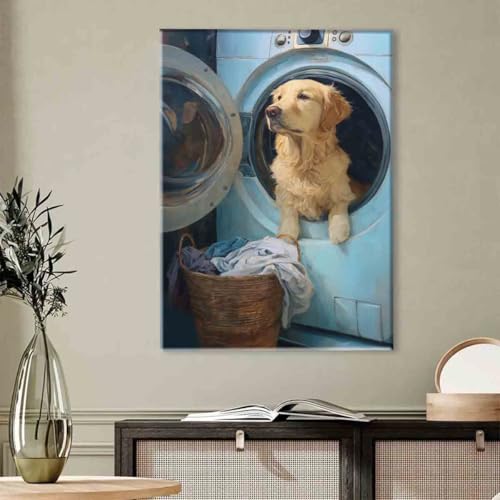 Laundry Room Canvas Wall Art Laundry Sign Painting Prints Vintage Funny Dog Artwork 16x24inch framed