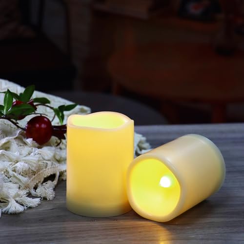 Waterproof Outdoor Battery Operated Flameless Candles with Auto Timer Flickering Plastic Resin Electric LED Pillar Lights for Lantern Patio Garden Wedding Party Decorations 3x4 Inches 2 Pack White (2 Count)
