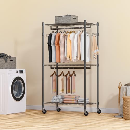 Narrow Rolling Garment Rack with Double Rods and 3 Adjustable Shelves