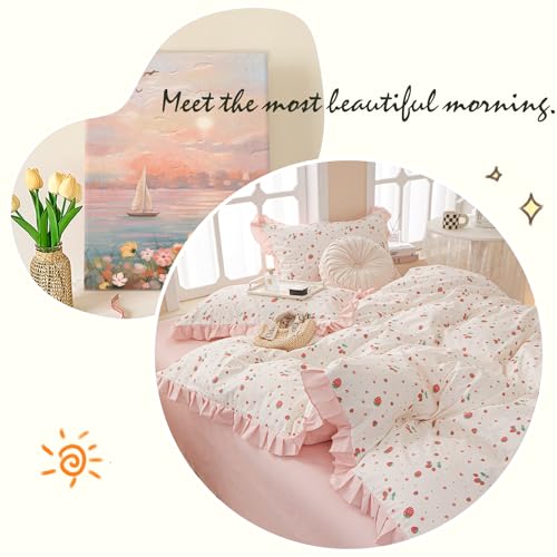 Strawberry Print Comforter Set Pink White Ruffled Bedding Comforter Full Size Soft Fluffy Floral Bedding Set Kawaii Strawberry Fruit Comforter Set for Kids Girls Lightweight and Cozy for All Seasons